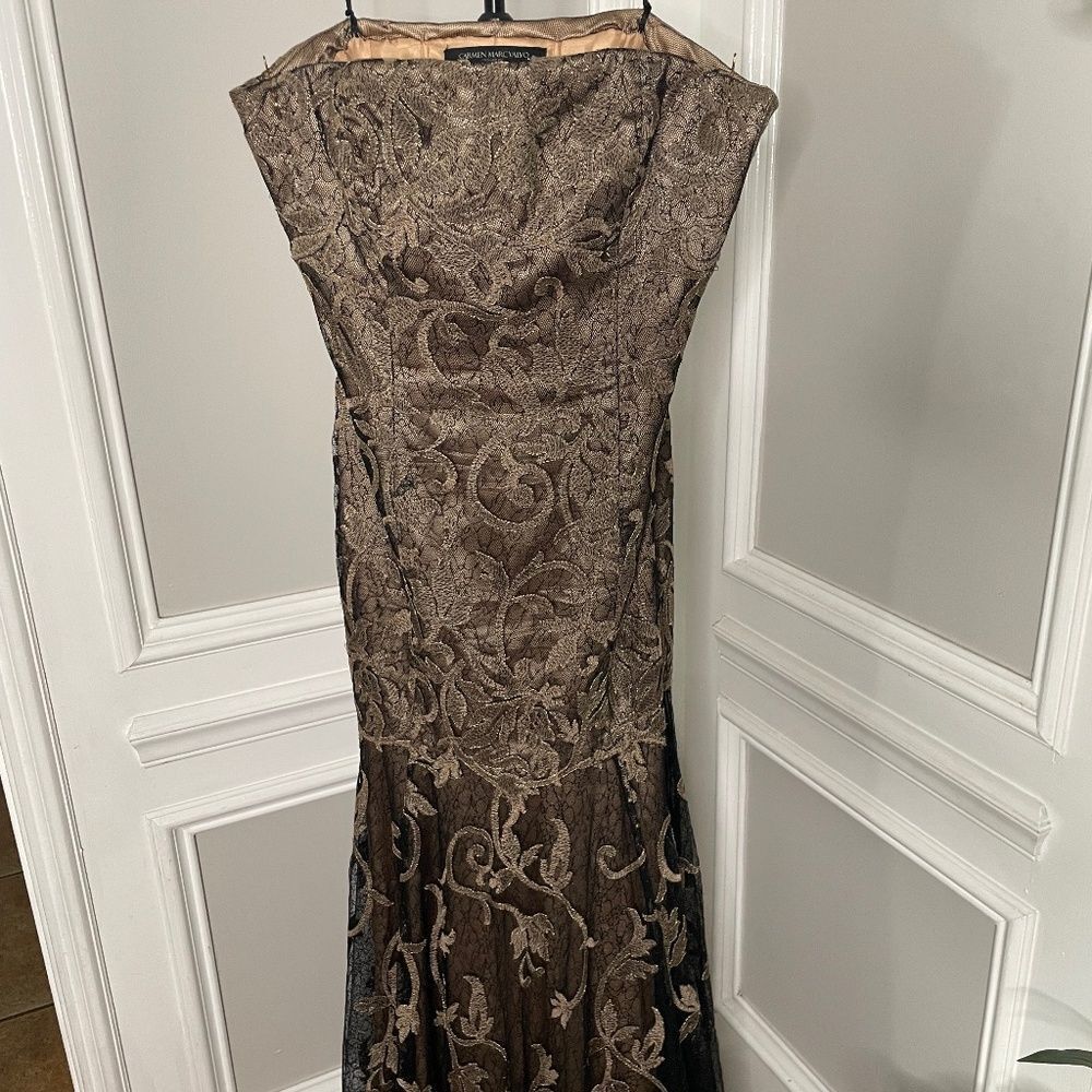 Carmen Marc Valvo, Black Floral Lace Strapless Dress